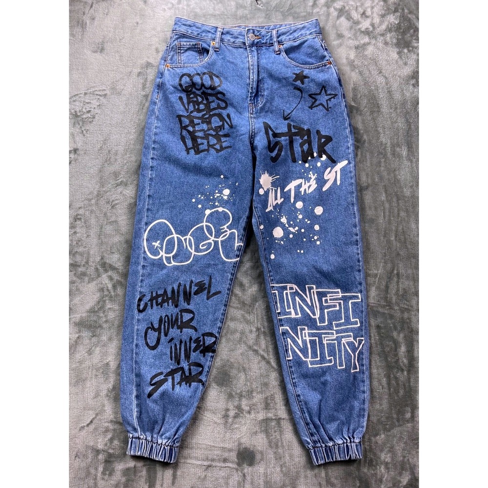 S O N G Graffiti Jogger Jeans Womens 7 28 Blue Street Art Denim Pants